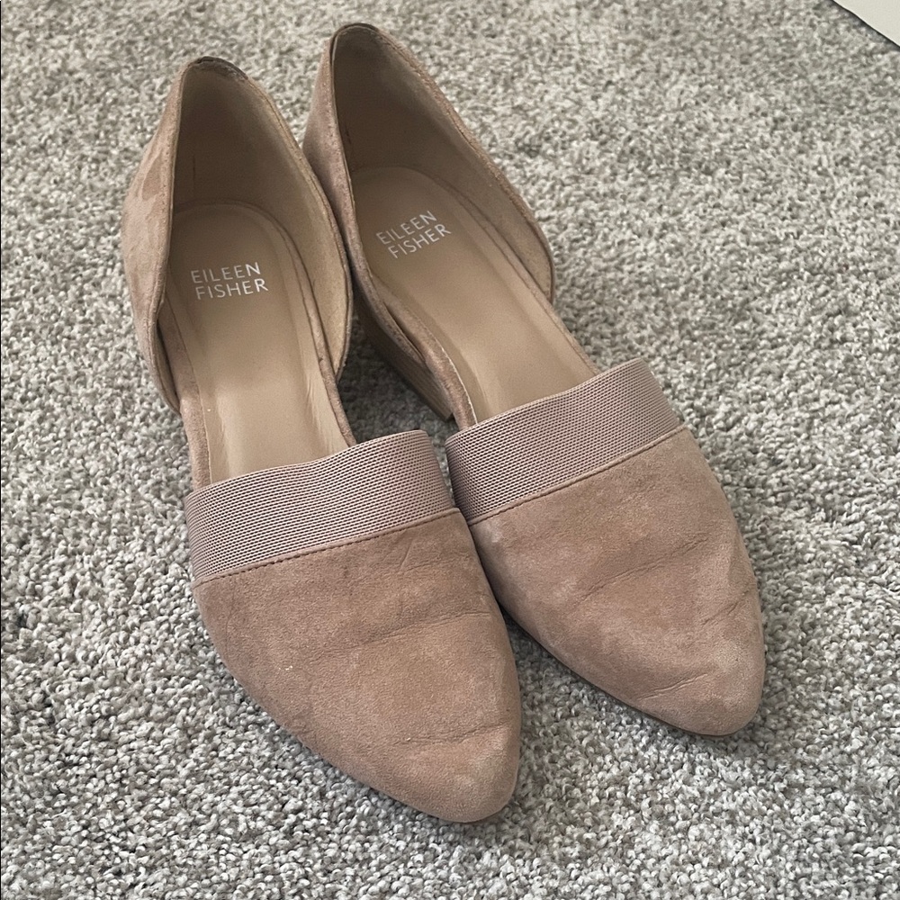 Eileen Fisher suede / fabric tan heels Sz 6.5 open sides almond toe
